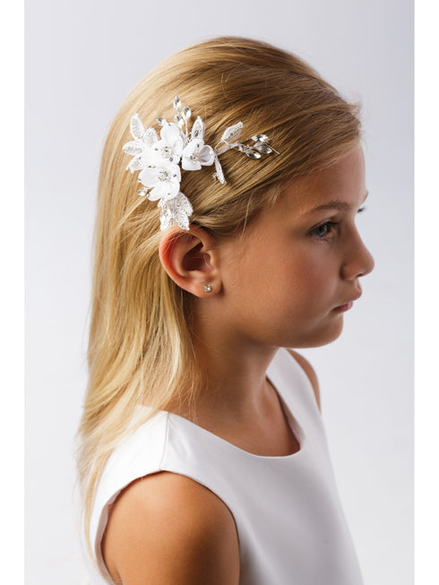 Girls White Glitter Flower Embellished Special Occasion Bridal Hair Pin - SophiasStyle.com